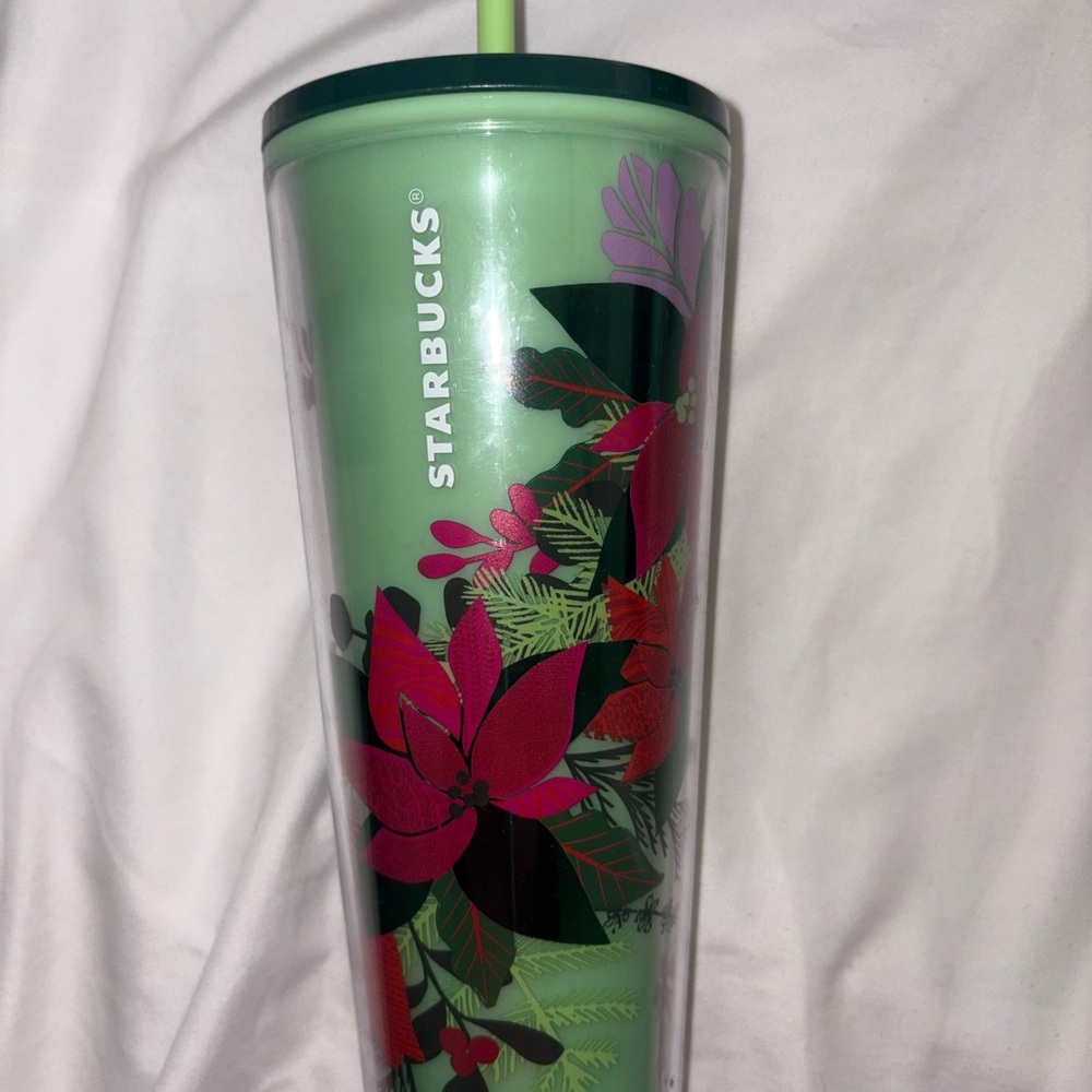 Starbucks Green Tumbler with Floral Design